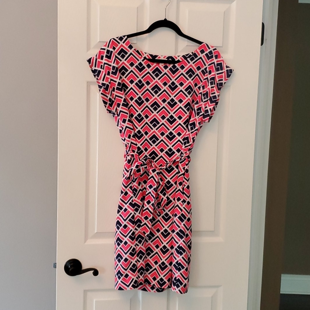 Gap Geometric Pink & Navy Rolled Sleeved A Line Dress - M